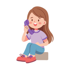 Young girl with brown hair sitting with telephone on her hands