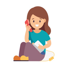 Young girl with brown hair sitting with telephone on her hands