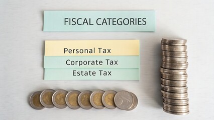 Arrangement of Coins and Fiscal Categories Representing Tax Types on Light Background for Financial Concepts and Education
