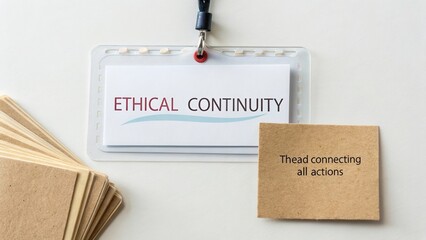 Business badge with text Ethical Continuity and card highlighting thread that connects all actions on minimalistic background