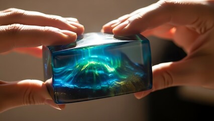 Fingers hold a captivating resin art cube, showcasing blue and green swirls