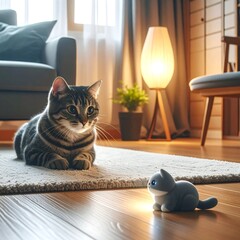 Cat lounges near a toy cat; serene living room, soft lighting