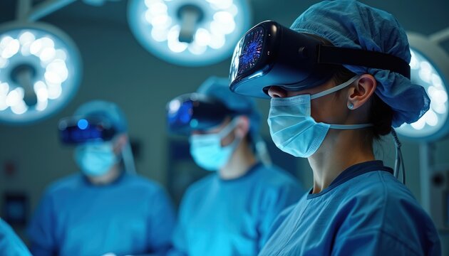 Surgeons wear VR headsets in operating room. Medical team uses virtual reality tech for complex surgery. Doctors train with immersive 3D visualization for precision care. - Powered by Adobe