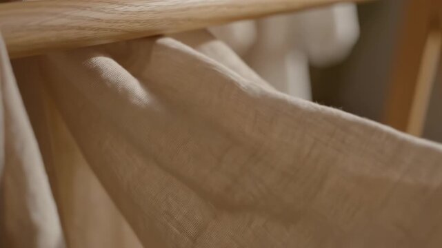 Extreme slow motion close-up emphasizing the delicate texture of soft beige fabric gently rippling in a subtle breeze while hanging on a wood rack beige, flow, abstract