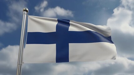 Finnish flag waving in the wind against a cloudy blue sky