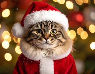 Cat wearing Santa suit in front of Christmas tree lights
