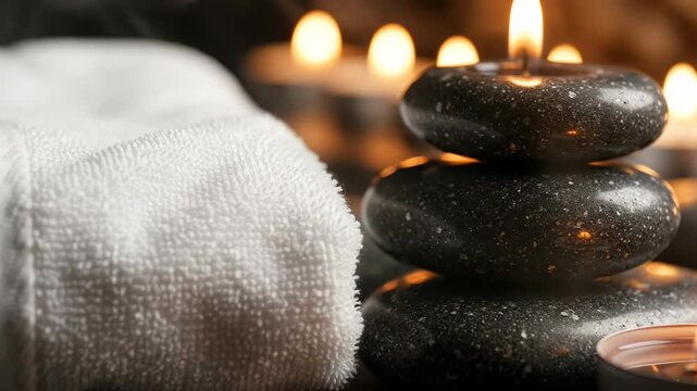 Extreme slow motion close-up emphasizing the pure white cotton texture of a spa towel next to glowing flame reflections in polished basalt stones therapy, wellness, design