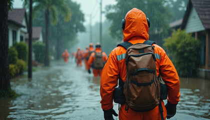 Team in orange suits walk through flooded street on rescue mission during heavy rain. Emergency workers carry backpacks, help people. Disaster response effort.