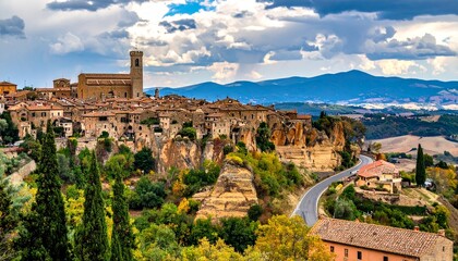 Naklejka premium Picturesque Italian Townscape - A Stunning View of Volterra, Tuscany, Italy, with Rolling Hills and Dramatic Skies.