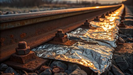Close-up View of Rusty Railroad Track with Metallic Elements and Glimmering Light Reflections on Reflective Surface