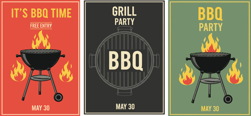 BBQ party poster set with grill illustrations, vintage barbecue event flyers, colorful summer cookout invitation designs and typography