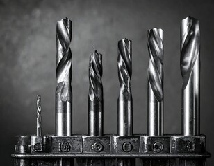 Close-up monochrome of a set of drill bits on a metallic base