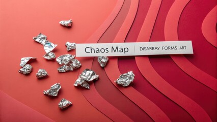 Abstract art piece featuring crumpled foil and vibrant red layers with a unique chaos map label highlighting disarray forms