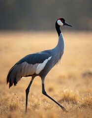 Fototapeta premium Grey crowned crane with elegant red crest walks through dry grass field in savanna. Big African bird with long neck and legs foraging for food during daytime in its natural habitat.