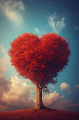 記念日やプロポーズ向け赤いハートツリーの縦ビジュアル背景. 生成AI