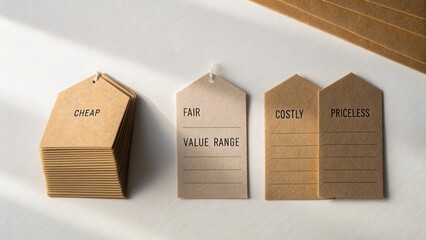Collection of price tags with different values including cheap, fair, costly, and priceless on a surface with natural light