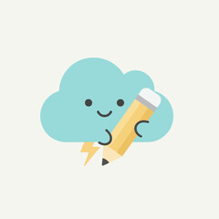 A cute cartoon cloud with a happy face holding a yellow pencil with a lightning bolt, symbolizing creativity and ideas.