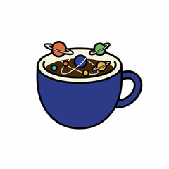 A whimsical illustration of a blue coffee cup filled with a swirling galaxy of planets and stars.