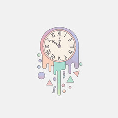 A pastel-colored melting clock with Roman numerals and abstract geometric shapes, depicting the fluidity of time.
