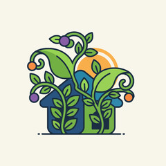 Illustration of a house with vibrant green plants and fruits growing around it, symbolizing growth and nature.