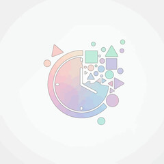 A pastel-colored clock face with geometric shapes fragmenting from its right side, symbolizing time's passage.