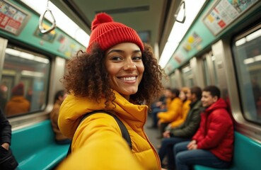 Smiling young woman with curly hair wears red hat and yellow jacket. She rides subway train in New York City. Other people sit on seats behind her.