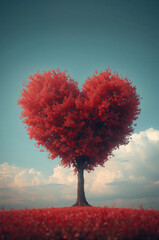 愛をテーマにした赤いハート形の樹が印象的な縦デザイン. 生成AI