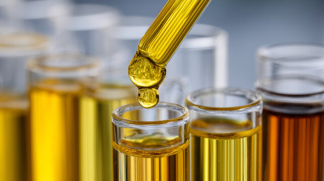 A golden olive oil drop being dispensed onto a glass container in a laboratory setting, highlighting the glossy, viscous texture and rich amber color of the oil