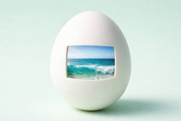 Minimal White Egg With Rectangular Window Revealing Turquoise Ocean And Breaking Waves