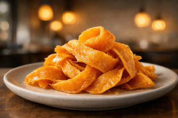 Pile of Dried Mango Slices on White Plate in Cozy Setting