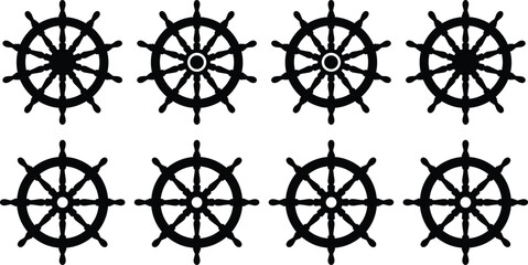 Ship wheel silhouettes icon set, nautical steering helm symbols, black vector collection, maritime navigation design, isolated on white background, illustration © MD SHAHARIR