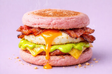 Gourmet Breakfast Sandwich with Runny Egg Yolk and Avocado on Pink Bun