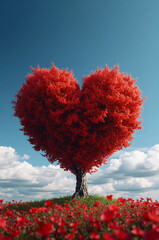 ウェディングの装飾に合う赤いハートシェイプツリー縦背景. 生成AI