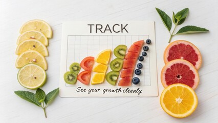 Colorful fruit display with chart concept for healthy lifestyle tracking and growth visualization in nutrition and wellness