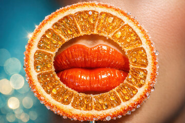 Sugared Orange Slice Framing Glossy Red Lips With Sparkling Citrus Texture And Sensual Contrast