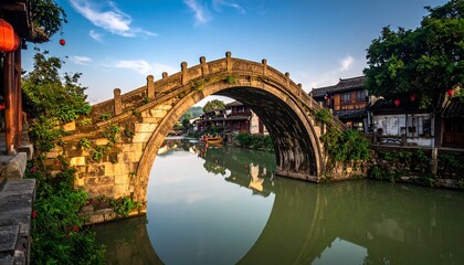 Fototapeta premium Picturesque Stone Bridge Spanning Tranquil Canal in Ancient Chinese Town.