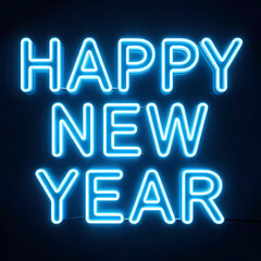 &ldquo;HAPPY NEW YEAR&rdquo; glass text glowing in blue and cyan tones
