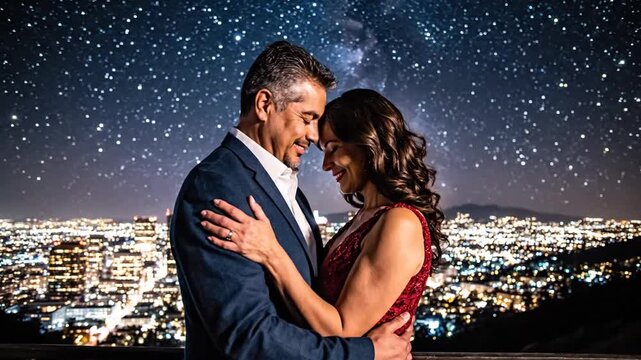 P150-The couples tender embrace took place under the starry night sky with the twinkling city lights pr 4K 10s