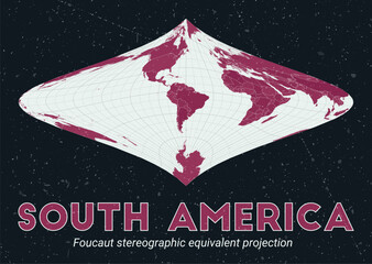 South America. World map. Foucaut stereographic equivalent projection centered to South America. Pale Mint Dark Pink palette. Vintage texture. Stylish vector illustration.