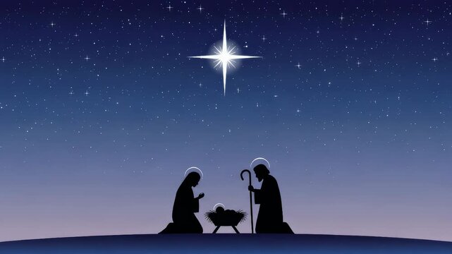 Nativity scene silhouette with a woman, man, and baby under a bright star, representing the birth of Jesus for Christmas and holiday greetings.
