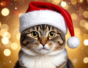 Close-up of a cat in a Santa hat against a festive bokeh backdrop