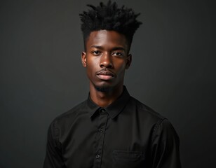 Obraz premium Young african man with afro hair and beard wears black shirt. Serious expression, looking forward, studio portrait. He has stylish appearance.