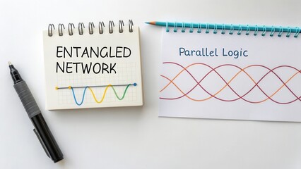 Conceptual Representation of Entangled Network and Parallel Logic with Notepad, Pen, and Graph Illustration