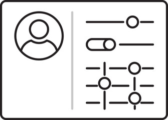 Minimalist outline vector illustration representing a user account settings and configuration interface with profile avatar, sliders, toggles, and control elements, suitable for UI design.