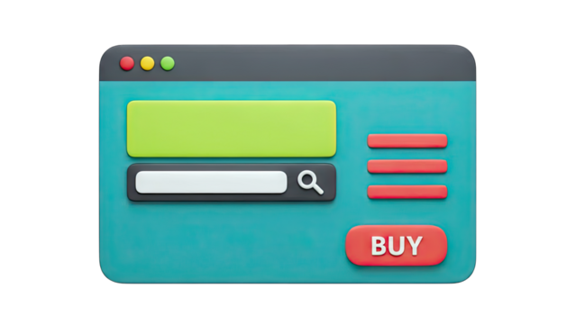 3D Web Browser Interface with Search and Buy Button on transparent background - Powered by Adobe