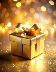 Close-up of a gold gift box with a ribbon and bokeh background