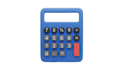 3D Blue calculator with blank screen and red equals button on transparent background