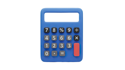 3D Blue calculator with blank screen and red equals button on transparent background