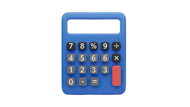 3D Blue calculator with blank screen and red equals button on transparent background