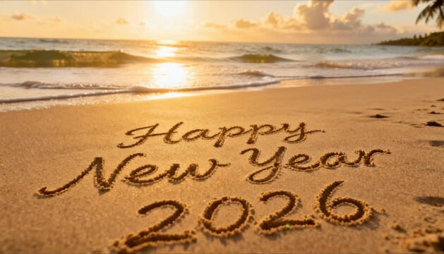 happy new year 2026 text handwritten in sandy tropical beach with gentle sea waves